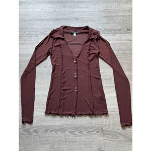 Urban Outfitters Sheer Lettuce Edge Blouse NWT Brown Slim Fit Size XS